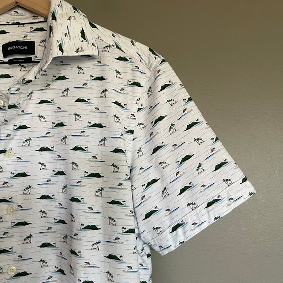 BUGATCHI Milo Island Print OoohCotton Short Sleeve Shirt Size‎ Medium Polo Golf - Picture 9 of 16